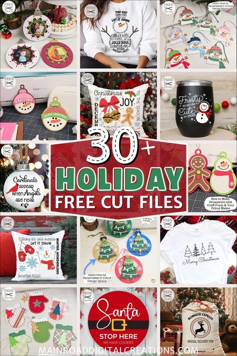 Image showcasing over 30 free holiday cut files, perfect for Cricut, Silhouette, and paper crafts. Includes free SVG files for Christmas ornaments, decor, and DIY holiday projects. Download free cut files for vinyl and paper crafts on the website. Cricut Sticker Ideas Vinyl, Christmas Circuit Ideas, Free Svg Images For Cricut Clip Art, Fun Cricut Projects Craft Ideas, Scan And Cut Projects Ideas, Free Svg Files For Cricut Christmas, Ornament Svg Files Free, Silhouette Cameo Projects Christmas, Free Svg Christmas Files For Cricut