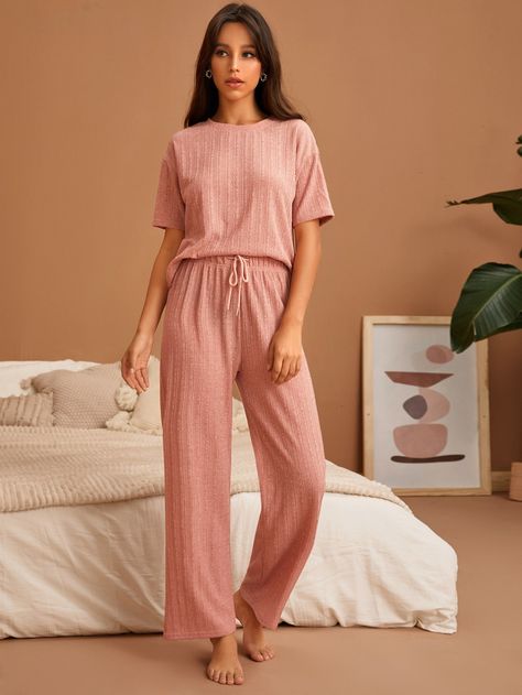 Home Dress Comfy, Lounge Wear Stylish, Classy Loungewear, Cute Lounge Outfits, Home Dress Women, Home Wear Women Casual, Loungewear Outfits, Drop Shoulder Tee, Korean Fashion Dress