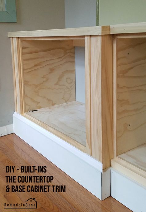 DIY - Built-ins - Building the countertop and adding trim to base cabinets  #thdprospective #homedepot Diy Cabinets Build, Fake Walls, Cabinet Trim, Built In Shelves Living Room, Living Room Built Ins, Family Room Makeover, Built In Bookcase, Built In Cabinets, Diy Cabinets