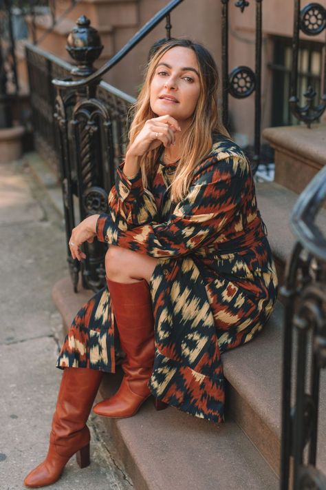 16 Ways to Style a Dress for Fall | Charmed by Camille Winter Outfits With Tall Boots, Cognac Boots Outfit, Ways To Style A Dress, Dress With Tall Boots, Caterina Dress, Tall Boots Outfit, Brown Tall Boots, Fall Boots Outfit, Outfit Inspiration Women