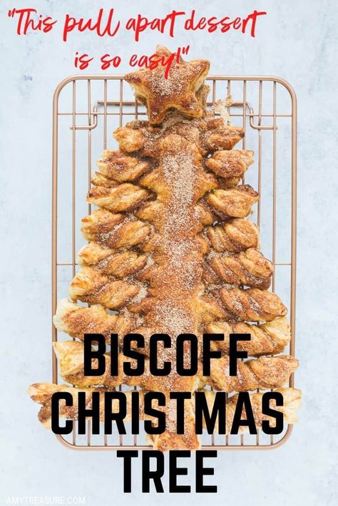 5 ingredient easy pull apart dessert! A puff pastry Christmas tree made from ready rolled puff pastry - filled with Lotus Biscoff spread and sprinkled with cinnamon sugar fresh from the oven. This tear and share dessert tastes just like freshly made churros. Dip in warm Biscoff spread for the ultimate dessert! Biscoff Christmas Tree, Tear And Share Nutella Christmas Tree, Puff Pastry Pull Apart Christmas Tree, Churros Dip, Puff Pastry Christmas Tree Dessert, Girls Christmas Party Food, Tear And Share Christmas Tree, Puff Pastry Christmas Desserts, Biscoff Puff Pastry