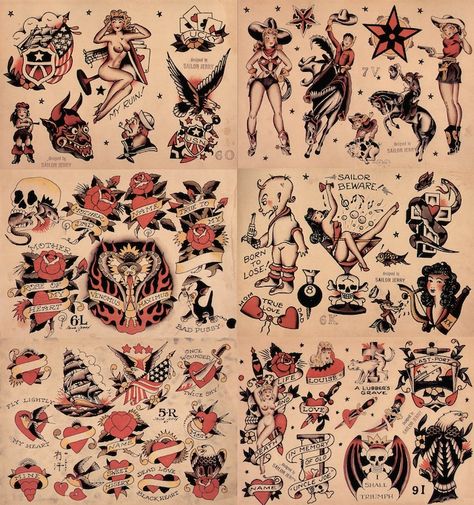 NeedfulThingsByMatt - Etsy Canada Sailor Jerry Flash, Traditional Tattoo Flash Sheets, Sailor Jerry Tattoo Flash, Vintage Style Tattoos, Traditional Tattoo Old School, Pin Up Girl Tattoo, Sailor Jerry Tattoos, Art Flash, Traditional Flash