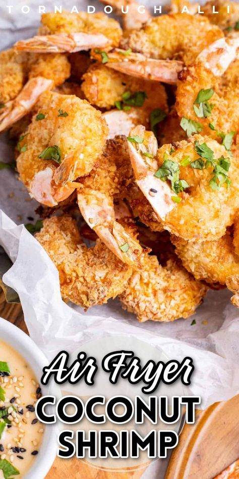 This Air Fryer coconut shrimp recipe from Tornadough Alli is a wonderful appetizer or dinner! It is served with an amazing spicy and tasty Sriracha mayo dipping sauce! This recipe is quick, easy, and delicious. It is a great recipe and perfectly fries up in the air fryer. Mayo Dipping Sauce, Air Fryer Coconut Shrimp, Coconut Shrimp Recipe, Coconut Shrimp Recipes, Breaded Shrimp, Sriracha Mayo, Food Content, Shrimp Recipe, Coconut Shrimp