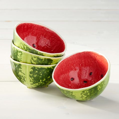 Bordallo Pinheiro Watermelon - Set of Four Bowls | Ross-Simons Watermelon Bowl, Pottery Pinch Pot, Deco Fruit, Wooden Salad Bowl, Bordallo Pinheiro, Clay Bowl, Serving Tray Wood, Pinch Pots, Ceramics Pottery Art