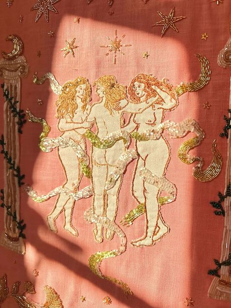 Shop Wall Hangings | Millie Amber Millie Amber, Three Goddesses, Monochrome Photo, Embroidered Wall Hanging, Ancient Greek Mythology, The Three Graces, Three Graces, Tableau Art, Mia 3