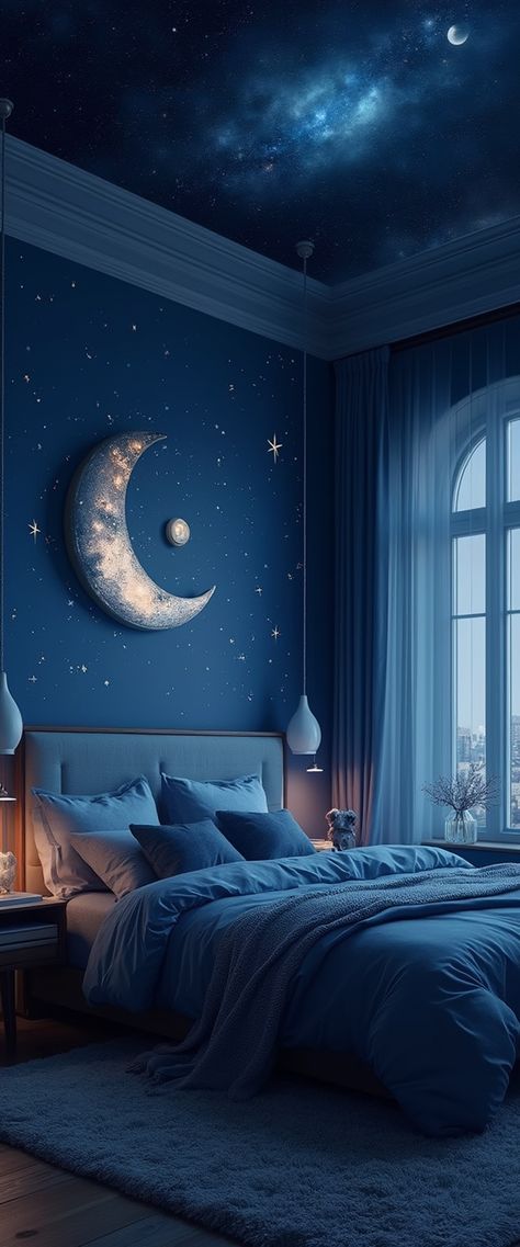 A serene bedroom with celestial decor, featuring midnight blue tones, a crescent moon, and star patterns. - celestial theme, midnight blue, crescent moon decor, star patterns, serene bedroom, ambient lighting, stargazing ambiance Celestial Bedroom Decor, Celestial Bedroom, Moon Wall Decor, Dreamy Atmosphere, Themed Bedroom, Moon Wall, Bedroom Decor Ideas, Apartment Room, Bedroom Themes