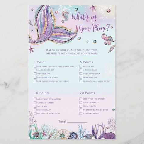 Mermaid What's In Your Phone Game Shower Activity - sea turtle party gifts Bored List, Shower Pics, Baby Shower Party Games, Baby Shower Game Cards, Mermaid Baby, Shower Stuff, Turtle Party, Mermaid Baby Showers