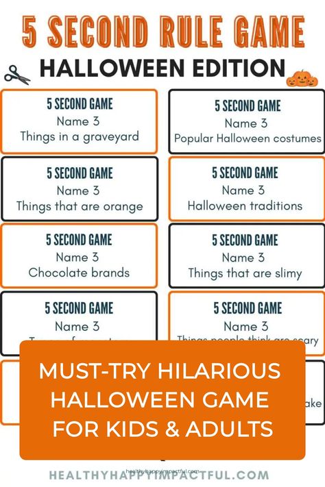 5 Second Rule Halloween game prompts and an orange banner saying "Must-Try Hilarious Halloween Game for Kids & Adults". Halloween Group Activities For Adults, Name 3 Things Game Questions, Halloween Ice Breakers For Adults, Name 3 Things Game, 5 Second Rule Game Questions, 5 Second Rule Game, Best Halloween Games, Funny Prompts, Halloween Games For Adults