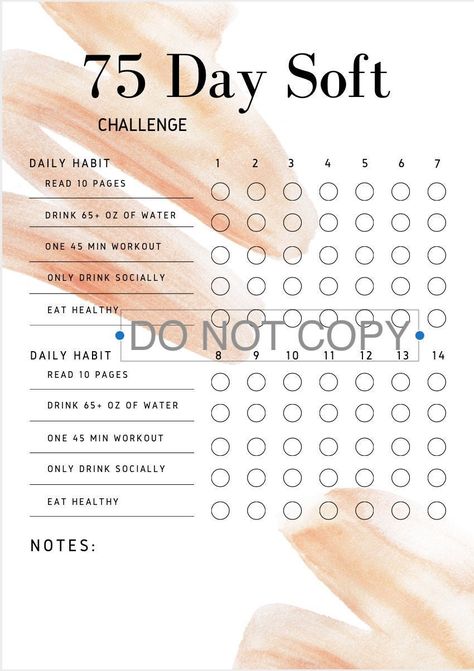 "This is a twist on the 75 Hard Challenge that we have seen all over TikTok. I have created a pdf for download as a checklist for the \"Soft 75\", which includes 10 pages of reading a day, 65 + oz of water, only social drink, eating healthy and 1 45 minute workout a day. It is a 6 page pdf with a checkbox for each day, it allows for flexible dates, includes space for notes." 45 Min Workout, Habit Tracker Digital, Soft Challenge, 75 Hard Challenge, 45 Minute Workout, Wellness Challenge, 75 Hard, Simple Planner, Fitness Workout For Women