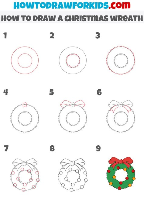 how to draw a christmas wreath step by step Wreath Doodle Christmas, Cute Easy Christmas Doodles, How To Draw A Wreath Step By Step, How To Draw A Mistletoe, How To Draw Holiday Stuff, Drawing A Wreath, Simple Christmas Designs To Draw, Christmas Wreath Tattoo, How To Draw An Ornament