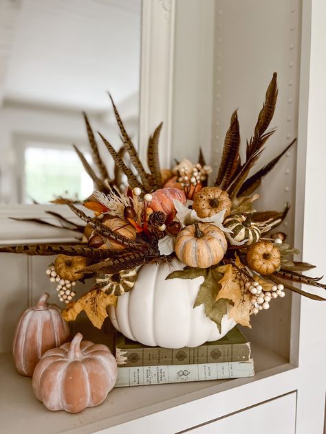 DIY Fall Pumpkin Vase - Cozy Faux Pumpkin Carving Idea - Liz Marie Blog Foam Pumpkin Flower Arrangement, Fall Craft Fairs, Thanksgiving Flowers, Pumpkin Vase, Liz Marie, Liz Marie Blog, Pumpkin Flower, Faux Pumpkins, Fall Arrangements