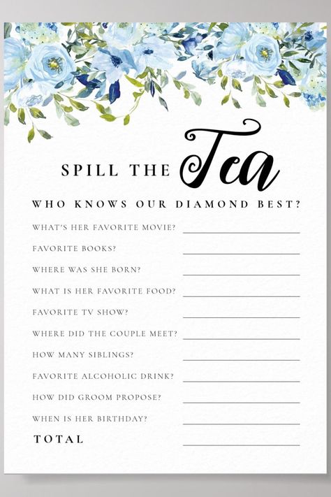 🏷️$8.50 📢Before Discount - 🎁 Modern Elegant Light Blue Floral Watercolor Regency Era Theme Spill the Tea Bridal Shower Game (Digital Download) 🥳🎉🥂🎁🔥 bridal shower game, wedding shower game, modern calligraphy, spill the tea, blue floral watercolor bouquet, hen party game, modern elegant stylish, regency era, bridal brunch tea party, victorian romance series drama style Bridal Shower Games Tea Party, Bridgerton Bridal Shower Games, High Tea Bridal Shower Ideas Decorations, Bridal Shower Bridgerton Theme, Shower Themes Bridal, Bridal Shower Ideas Simple, Bridal Shower Tea Party Decorations, Tea Party Wedding Shower Ideas, High Tea Bridal Shower Ideas