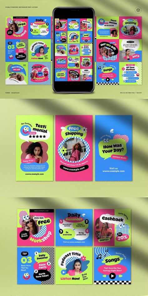 Cute Pop Color Podcast Instagram Post and Story Templates AI, PSD Podcast Instagram Post, Podcast Instagram, Best Instagram Stories, Contents Layout, Pop Color, Instagram Engagement, Instagram Layout, Pop Art Design, Story Templates