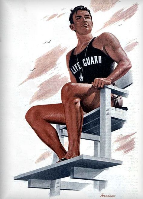 Life Guard. 1948. Vintage Lifeguard Aesthetic, Lifeguard Illustration, Life Guard Aesthetic, Alan Aesthetic, American Kitsch, Vintage Lifeguard, 50s Beach, Dynamic Angles, Ideal Male Body