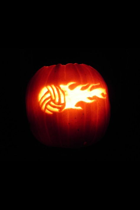 Flaming volleyball pumpkin Volleyball Pumpkin, Volleyball Crafts, Cute Pumpkin Carving, Pumkin Carving, Halloween Pumpkin Carving Stencils, Pumpkin Carving Party, Creative Pumpkin Carving, Easy Pumpkin Carving, Pumpkin Carving Designs