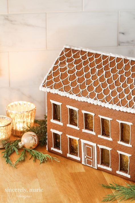 Homemade Colonial Gingerbread House  #gingerbread #gingerbreadhouse #christmasbaking #gingerbreadrecipe #holidaydecor #diychristmasdecor #diygingerbreadhouse #homemadegingerbread #colonial #holidaytraditions holiday baking #classicholidaydecor #classicchristmas Gingerbread House Template, Make A Gingerbread House, Gingerbread House Designs, Wreath Cookies, Christmas Gingerbread Cookies, House Template, Gingerbread Recipe, Caramel Syrup, Fun Christmas Decorations