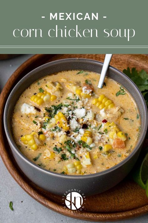 Made with fresh sweet corn and chicken breast, this Mexican-inspired corn chicken soup is full of flavor, protein, and fiber. Mexican Corn Chicken Soup, Chicken Corn Soup, Corn Soup Recipes, Corn Chicken, Mexican Soup, Corn Soup, Soup And Stew, Chicken Soup, Soup And Salad