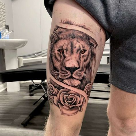 Thigh Lion Tattoo Man, Lion Quad Tattoo Men, Best Thigh Tattoos Men, Lion On Leg Tattoo, Tattoo For Legs For Men, Leg Lion Tattoo Men, Lion Tattoo On Thigh Men, Tiger Thigh Tattoo Men, Mens Lion Tattoo Leg