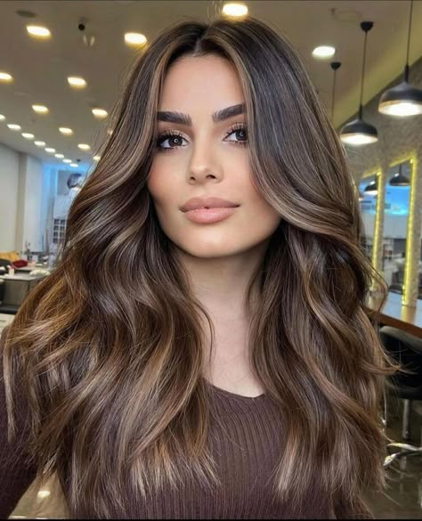 Subtle Light Brown Highlights on Brunette Hair Cowboy Copper, Rambut Brunette, Tan Skin Blonde Hair, Black Hair Balayage, Mom Cut, Brown Hair Inspo, Brunette Hair With Highlights, Brunette Balayage Hair, Hair With Highlights