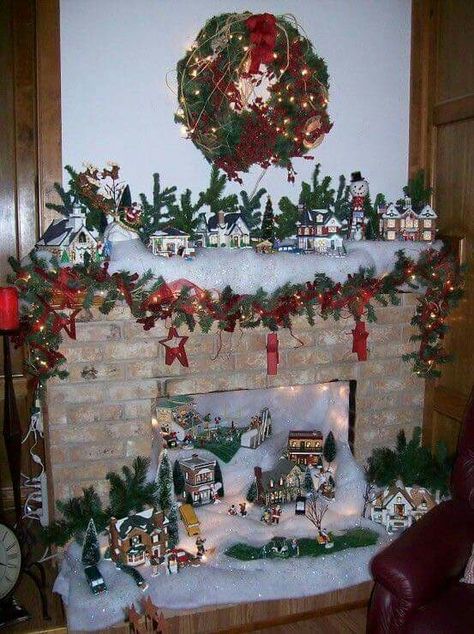 Christmas Village Display On Fireplace, Christmas Village Display Fireplace, Christmas Village Fireplace Display, Fireplace Christmas Village, Christmas Village On Mantle, Christmas Village Fireplace, Christmas Village Displays, Fireplace Display, Christmas Village Display Ideas