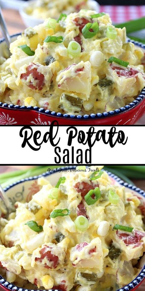 Red Potato Salad is loaded with creamy, red-skinned potatoes, cut into small bite size pieces, small chunks of dill pickles, chopped hard-boiled eggs and delicious red onions all mixed together in this classic potato salad recipe. #potatosalad #potatoes #sidedish #delicious #greatgrubdelicioustreats Red Skin Potato Salad, Red Potato Salad Recipe, Best Potato Salad Recipe, Red Potato Recipes, Southern Potato Salad, Red Potato Salad, Baked Potato Salad, Red Potato, Potato Salad With Egg