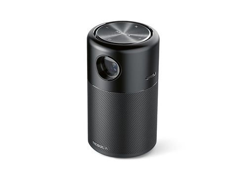 The portable projector Nebula Capsule with its striking cylindrical shape has a 360-degree speaker emitting sound in all directions. When connected to an external source player via Bluetooth 4.0, it can also be used as a standard speaker. Thanks to DLP technology, brightness and contrast are automatically adjusted to produce an optimum image. The seamless aluminium alloy body design renders the projector durable and gives it a modern appearance. Portable Projector, Home Tv, Home Entertainment, Red Dots, Amazon Echo, Projector, Aluminium Alloy, Speaker, Sound