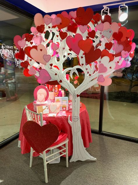 My Styrofoam Valentine tree window display for M. Hopple & Co. Valentines Day Display Ideas, Window Displays Retail Store Fronts Valentines Day, Large Valentines Day Decorations, Valentine Office Decorations, Valentines Day Retail Display, Valentine’s Day Restaurant Decorations, Valentines School Decorations, Valentine Window Display Store Fronts, Valentine Display Ideas