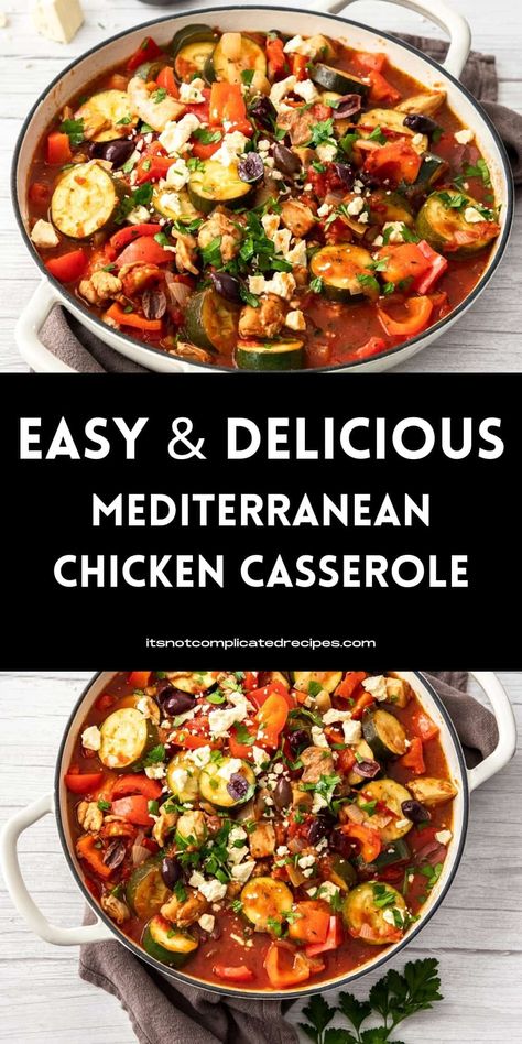 If you feel the need for comfort food that is quick and easy to prepare, look no further than this full-of-flavour Mediterranean Chicken Casserole. This one-pot meal is easy enough for a weeknight or ideal for relaxed weekend entertaining. As a bonus, it can be made ahead of time. Be certain, your family and friends will love it. One Pot Mediterranean Diet Recipes, Mediterranean Make Ahead Meals, Mediterranean For A Crowd, Easy Eats Dietician, One Pot Mediterranean Chicken, Mediterranean Diet Recipes For Crock Pot, Weekend Cooking Ideas, Rotisserie Chicken Recipes Mediterranean, Mediterranean Diet Comfort Food