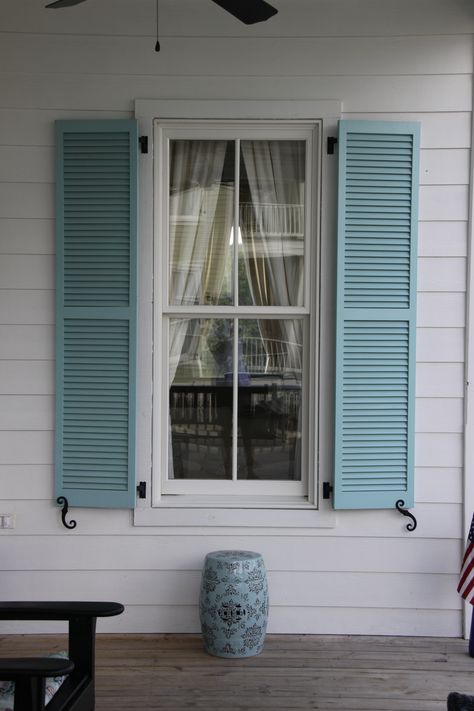 Exterior Wood Louver Shutter Outside Wooden Window Shutters, Beachy Shutters, Outdoor Louvered Shutters, Shutters Mediterranean, Louvre Shutters, Jendela Vintage, Wood Louver, Louvered Shutters Lowe's, Interior Balcony