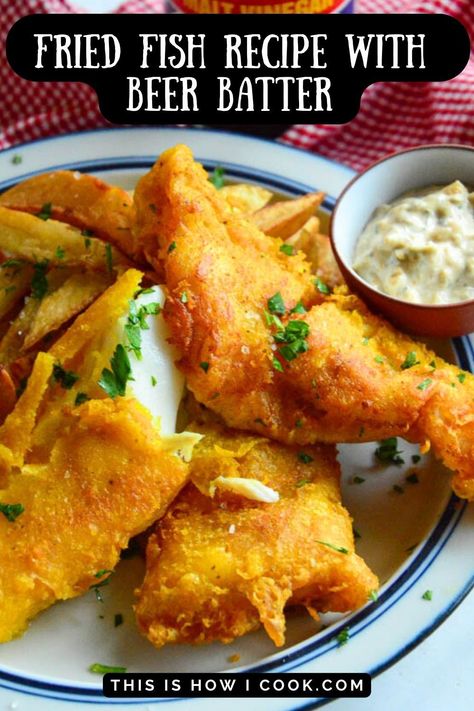 An easy fried fish recipe with the nest beer batter ever. Light and crunchy, this is a great fish and chips recipe. #friedfishrecipes #friedFishBatterRecipe #FriedFishAndChipsRecipe #friedCodRecipe #BeerBatterFriedFish Fried Fish Batter Recipe, Easy Fried Fish, Fried Cod Fish Recipes, Fried Cod Recipes, Fried Cod Fish, Fish And Chips Recipe, Fried Fish Recipe, Fish N Chips Recipe, Cod Fish Recipes