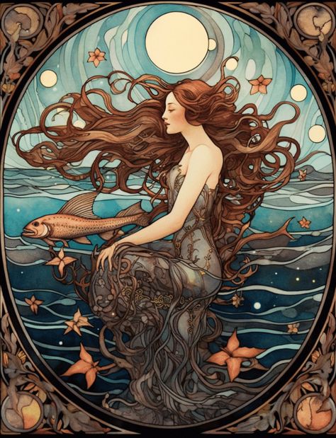 Mermaid Art Nouveau, Art Nouveau Mermaid, Nouveau Illustration, Mermaid Illustration, Art Nouveau Illustration, Beyond The Sea, Alphonse Mucha, Mermaid Art, Art Generator