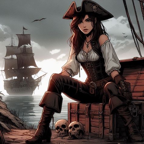 Pirates Clothes Female, Pirate Boots Drawing, Pirate Captain Woman, Steampunk Pirate Aesthetic, Pirate Photoshoot Ideas, Pirate Poses Reference Drawing, Pirate Captain Female, Dnd Pirate Female, Pirate Girl Aesthetic