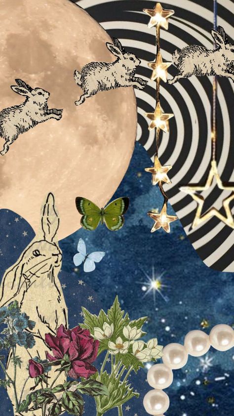 Bunny Poster Aesthetic, Rabbit Wallpaper Aesthetic, Bunny Aesthetic Wallpaper, Bunny Wallpaper Aesthetic, Rabbit Collage, Rabbit Background, Bunny Collage, Collage Music, Whimsigoth Aesthetic