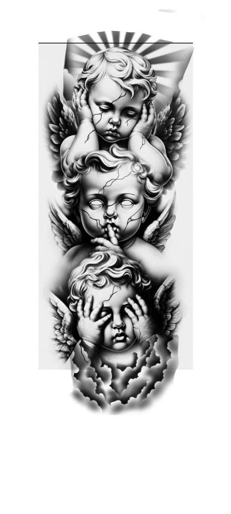 See No Evil Speak No Evil Tattoo Stencil, Three Angels Tattoo Design, Men’s Half Sleeve Tattoo Ideas, Angel Tattoos Men, Chicano Angel Tattoo, Chicano Tattoo Design Ideas, Chicano Tattoo Designs, Chicano Tattoo Design, Self Made Tattoo