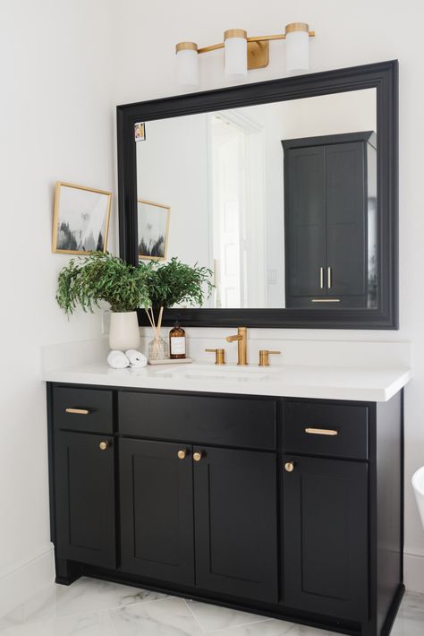 Black Bathroom Cabinet, Bathroom Cabinet Black, Onyx Bathroom, Black Bathroom Fixtures, Black Cabinets Bathroom, Chicago Condo, Kendall Charcoal, Black And Gold Bathroom, Black Vanity Bathroom