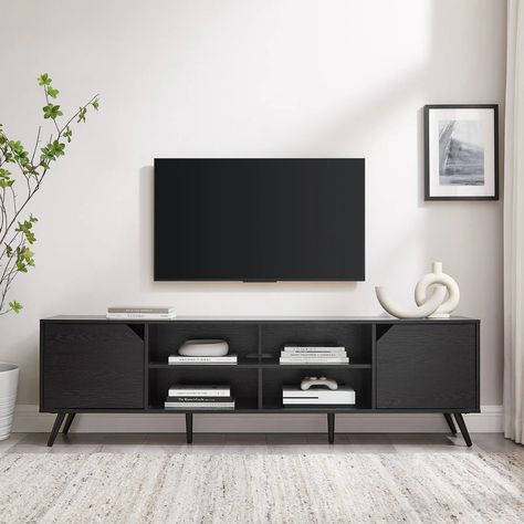 Middlebrook Designs Mid-Century Modern 70-inch TV Stand - Bed Bath & Beyond - 37717824 Black Tv Console, 70 Inch Tv Stand, Tv Wall Panel, Tv Wall Ideas, Black Tv Stand, Tv Stand Decor, Modern Tv Wall, Black Tv, Tv Wall Decor