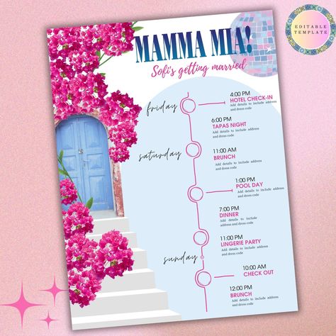 Mamma Mia Bachelorette Party, Party Itinerary, Last Disco, Bachelorette Party Itinerary, Bachelorette Theme, Bachelorette Weekend Itinerary, Bachelorette Weekend Invitations, Party Dancing, Bachelorette Itinerary