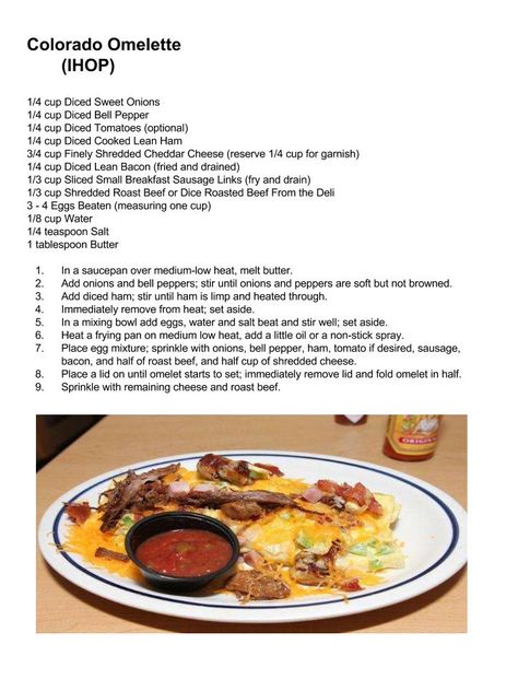 IHOP: Colorado Omelette Copycat Restaurant Recipes Breakfast, Ihop Omelette Recipes Copycat, Ihop Omelette Recipes, Ihop Recipes, Western Omelette Recipe, Sheet Pan Denver Omelette, Colorado Omelette Recipe, Denver Omelette Bake, Denver Omelette Recipe