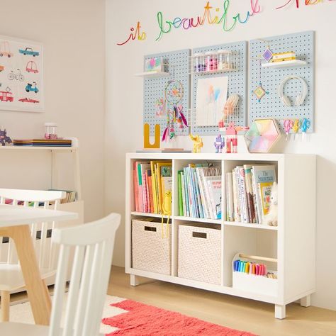 Horizontal Cubby Bookcase | West Elm Room Floating Shelves, Playroom Chairs, Creative Toy Storage, Playroom Organization Ideas, Colorful Playroom, House Mafia, Toy Storage Solutions, Toddler Playroom, West Elm Kids