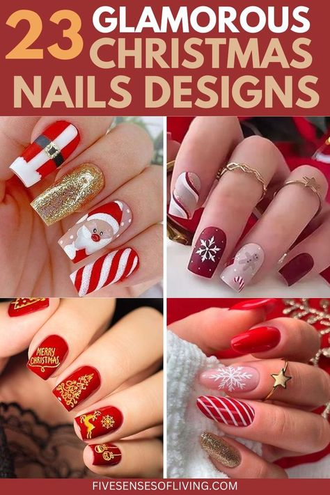 a collage image of 4 glamorous christmas nails designs Gel Holiday Nails Christmas Time, Santa Nail Designs, Santa Acrylic Nails, Santa Nails Christmas, Christmas Design Nail Art, Santa Hat Nails Design, Orange Christmas Nails, Santa Nail Art Christmas, Fun Christmas Nail Designs