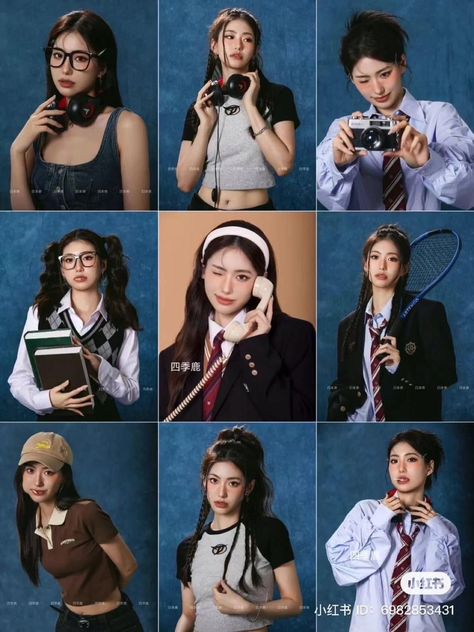 School Picture Day Photoshoot, Creative Shot For Graduation Outfits, Back To School Photoshoot Ideas, Uniform Photoshoot, Creative Shot For Graduation, Yearbook Aesthetic, High School Graduation Outfit, School Photoshoot, Yearbook Photoshoot