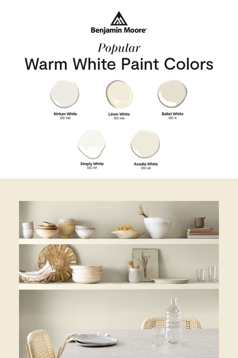 These versatile, tried-and-true warm white paint colors are long-standing Benjamin Moore favorites. White Paint Benjamin Moore, Warm Benjamin Moore Paint Colors, Neutral Nursery Paint Colors Benjamin Moore, Creamy White Paint Colors Benjamin Moore, Benjamin Moore Creamy White Cabinets, Benjamin Moore Off White Colors, Behr Warm White Paint Colors Wall, Benjamin Moore Warm Neutrals, Benjamin Moore Warm White