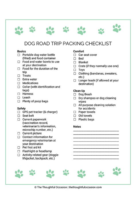 Road trip coming up with your dog?  Make sure you have everything you'll need with this checklist. Dog Trip Checklist, Puppy Road Trip Essentials, Dog Travel Bag Essentials, Puppy Travel Bag Packing Lists, Dog Packing List Road Trips, Dog Travel Packing List, Camping With Dogs Checklist, Puppy Travel Essentials, Dog Sitting Checklist