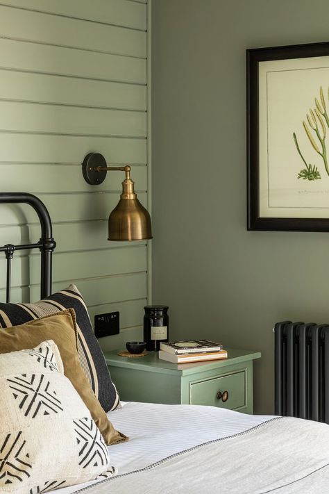 32 Shiplap Accent Wall Ideas For Any Room Painted Accent Wall Master Bed, Farmhouse Bedroom Shiplap Wall, Bedroom Ideas With Shiplap Accent Wall, Painted Shiplap Bedroom, Painted Shiplap Walls Bedrooms, Green Shiplap Bedroom, Bedroom Ideas Shiplap Wall, Main Bedroom Wall Ideas, Shiplap Wall Behind Bed