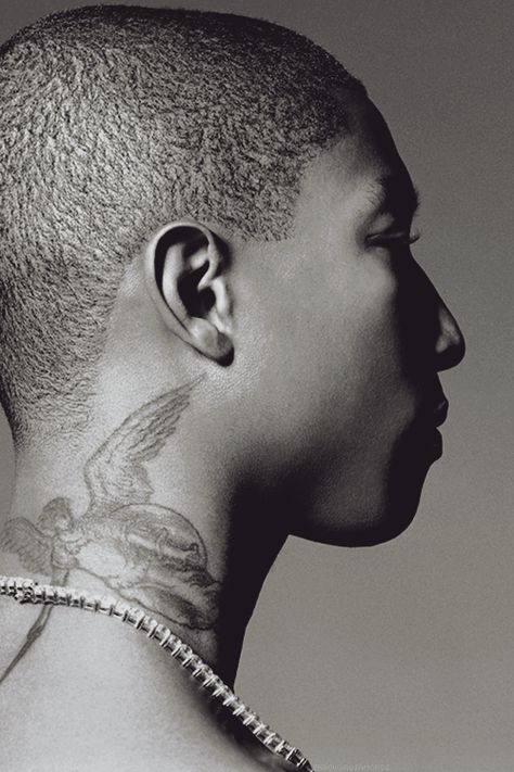 Angel with sword and shield tattoo on Pharrell’s neck Angel Tattoo Meaning, Tattoo Meaning, Angel Tattoo, Tattoo Removal, Pharrell Williams, Neck Tattoo, Angel, Tattoos