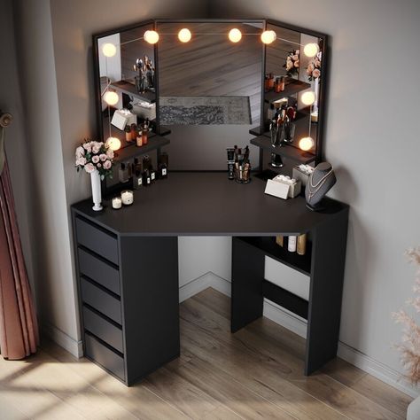 Upgrade Your Home in Minutes with These Mirror Decorating Tips!" Dressing Table Design Bedrooms, Black Dressing Table, Black Room Ideas, Cheap Bedroom Makeover, Stylish Dressing Table, Corner Dressing Table, Black Dressing Tables, Large Mirrors, Diy Kitchen Backsplash