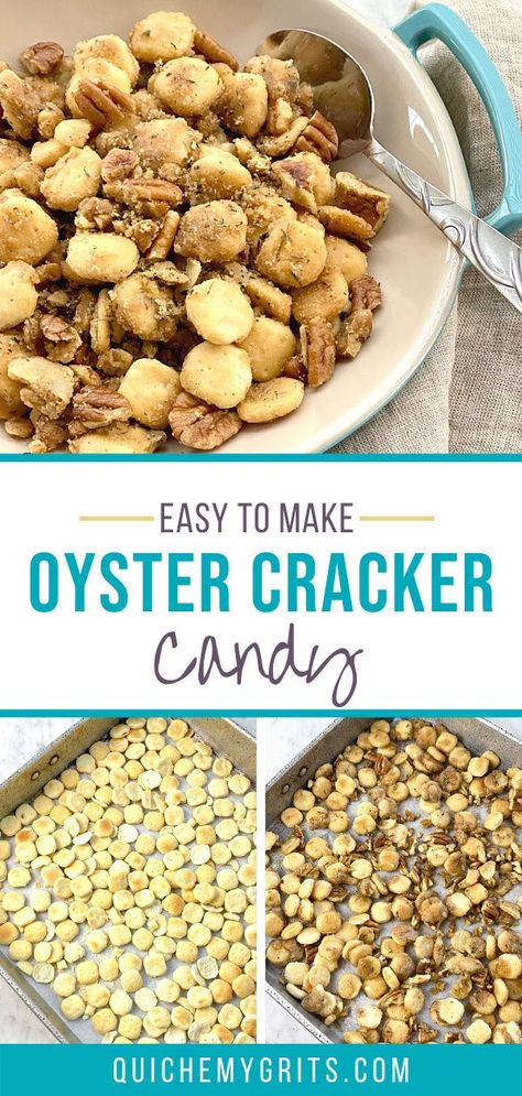 Got a hankering for something sweet, salty, crunchy and savory? Oyster Cracker Candy will satisfy all your cravings. It’s a quick and easy snack for tailgates, holiday events and cocktail parties! | QuicheMyGrits.com Oyster Crackers Sweet, Oyster Cracker, Oyster Crackers Recipe, Cracker Candy, Popcorn Treats, Oyster Crackers, Homemade Dinner Rolls, Party Snack, Cracker Snacks