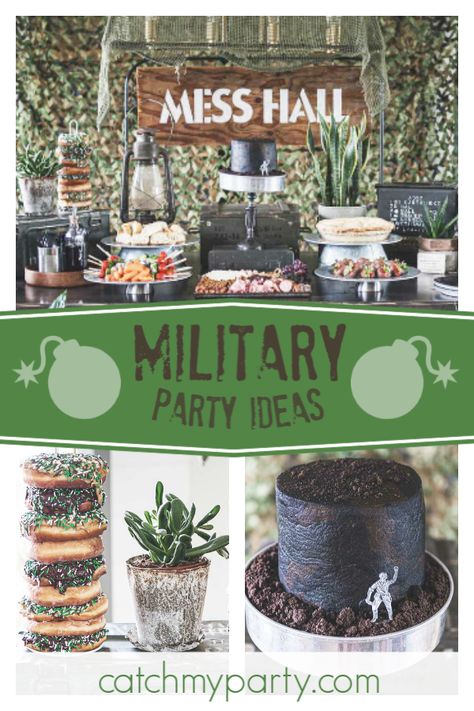 Check out this awesome army themed birthday party. The stacked donuts are so cool!! See more party ideas and share yours at CatchMyParty.com #catchmyparty #partyideas #armyparty #militaryparty #boybirthdayparty Army Birthday Decorations, Army Guy Birthday Party, Military Party Ideas, Army Themed Cake, Army Party Ideas, Camo Birthday Cakes, Army Party Decorations, Army Themed Birthday, Soldier Party