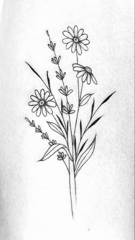 Simple Tattoos For Women Stencil, Floral Tattoos With Meaning, Flower Bouquet Tattoo Stencil, Flowers With Words Tattoo Stems, Flower Bouquet Sketch Simple, Wildflower Tattoo Stencil, Wildflower Bouquet Tattoo Simple, Let It Be Tattoo With Flower, Black Eyed Susan Tattoo Simple