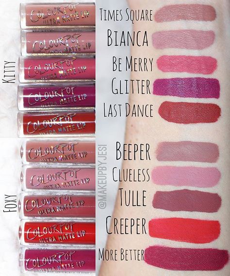 & now for the little Ultra Matte Lip Sets by @colourpopcosmetics ❤️✨ Available now! FOXY, the "Favorite Ultra matte set" includes: Beeper, Clueless, Tulle, Creeper & More Better. And finally KITTY, a set of all brand new Ultra Matte Lips in Times Square, Bianca, Be Merry, Glitter, & Last Dance ❤️ #20DollasBaby #CPDoesSizeMatter #colourpop #colourpopcosmetics #colourpopholiday #colourpopultramattelip #ultramattelip #liquidlipstick #mattelips #makeup #newmakeup #makeupbyjesi Makeup Teacher, Lip Sets, Colourpop Lipstick, Mauve Lipstick, Drugstore Hair Products, Lip Shades, Glitter Lipstick, Colourpop Cosmetics, Lip Swatches